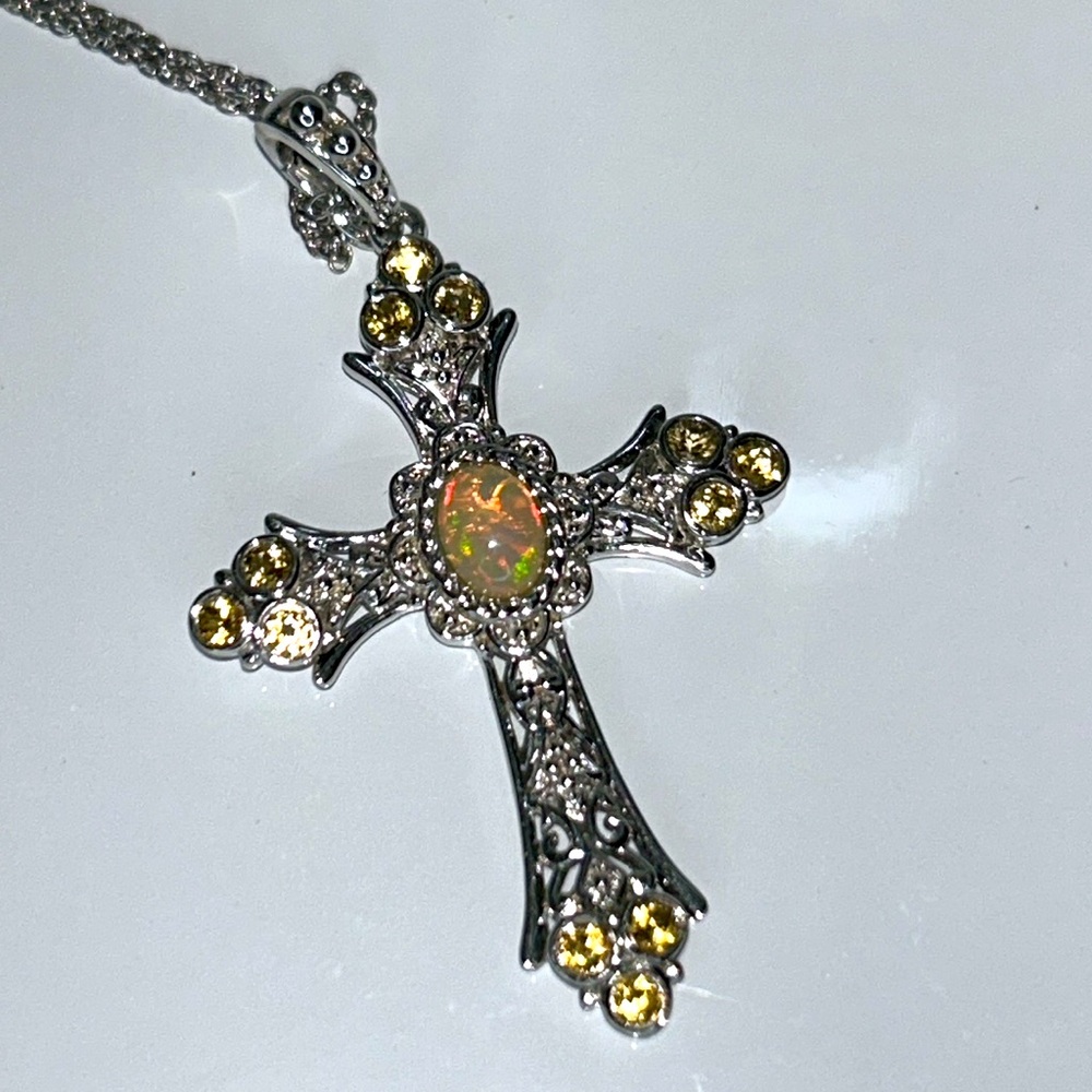 NWOT Dallas Prince Sterling Silver Opal Gemstone Cross Pendant Necklace Boho